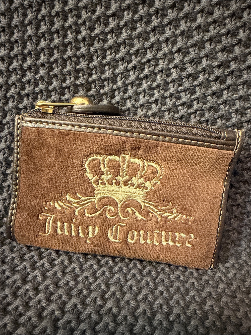 Juicy Couture Brown Suede Coin Pouch with Gold Embroidery